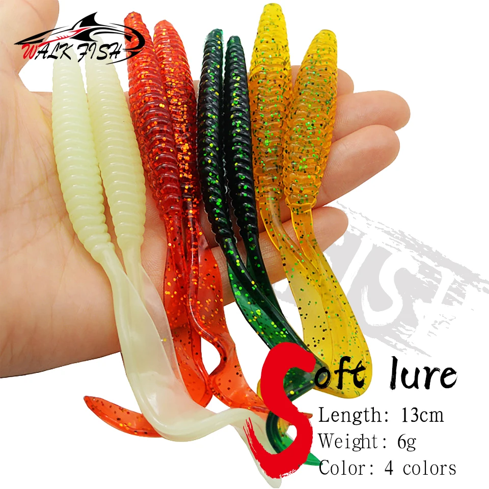 WALK FISH-señuelo de pesca de cola larga, cebo blando de 13cm, 6g, rosca de tornillo, colas de hoz individuales, larva de gusano, señuelos artificiales para lubina, 5 uds.