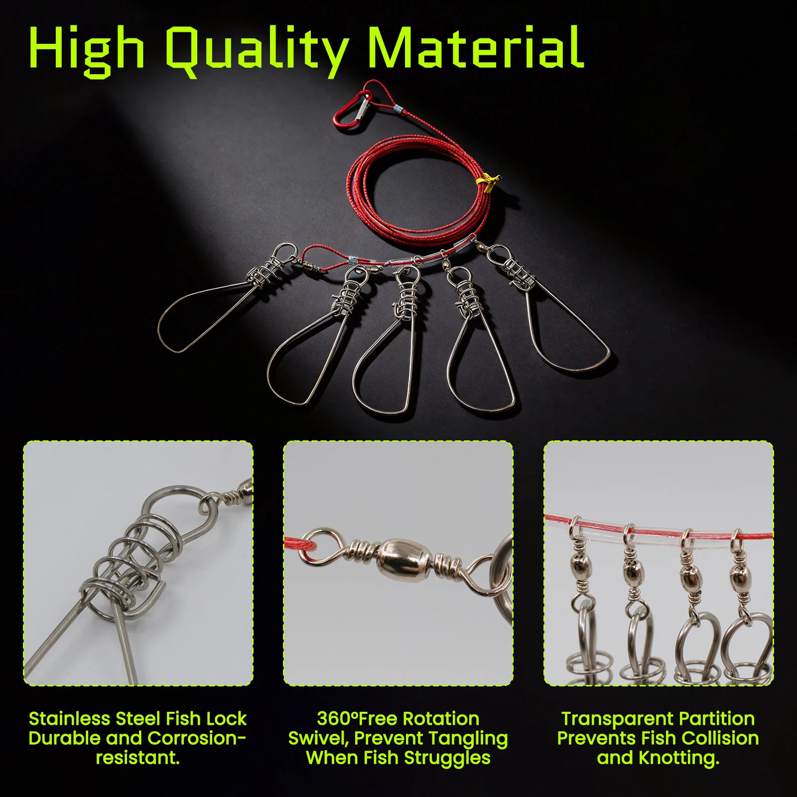 Sujetapeces acero inoxidable – Cuerda roja con clip para pesca en vivo - imagen 4