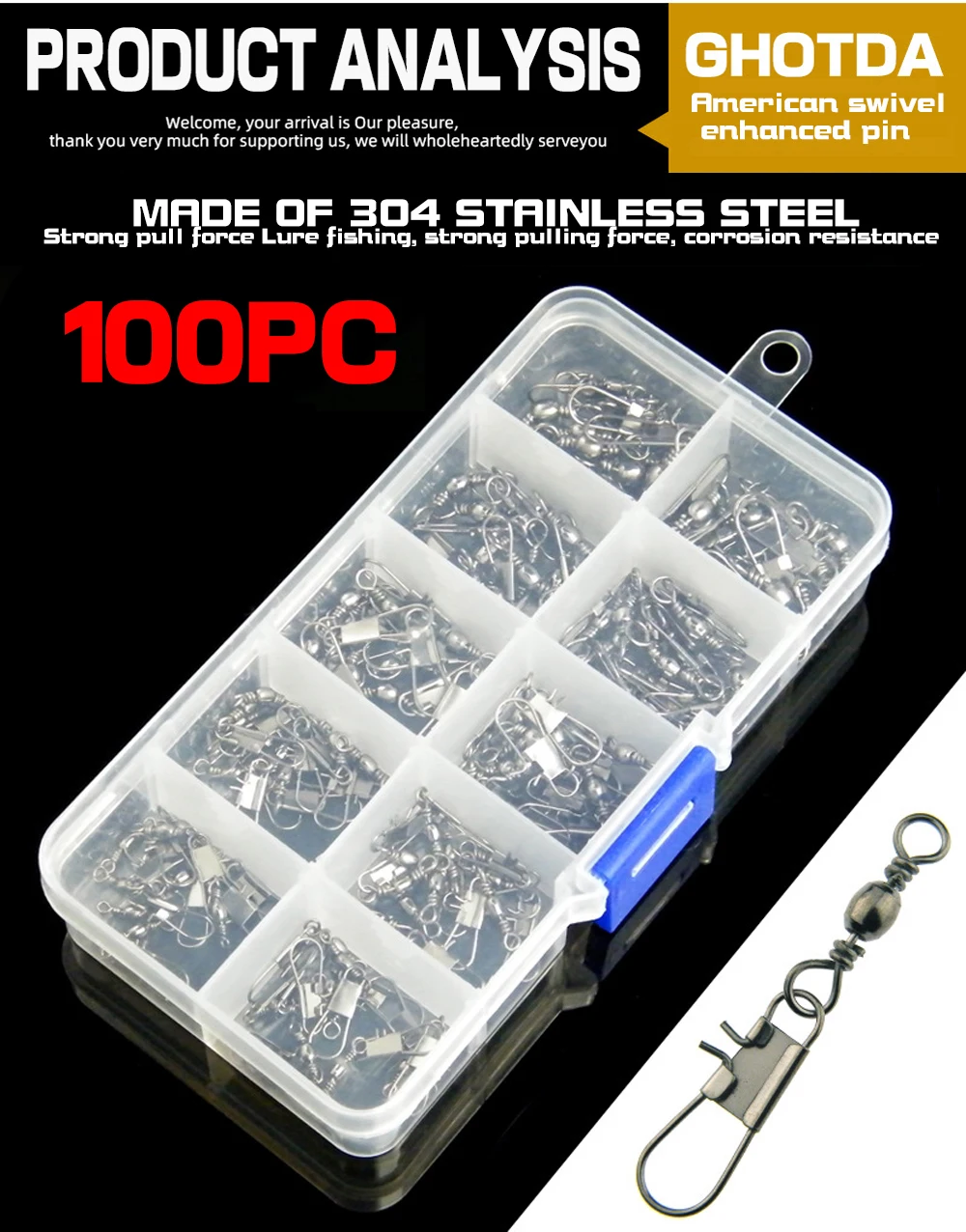 Ganchos de acero inoxidable de 100 piezas para señuelos de pesca