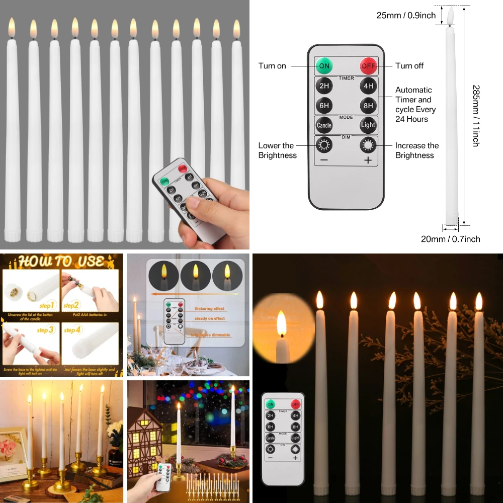 Velas Flotantes colgantes con/sin control remoto, velas cónicas parpadeantes sin llama, luces LED de mano sin goteo, 6, 8, 12 piezas - imagen 4