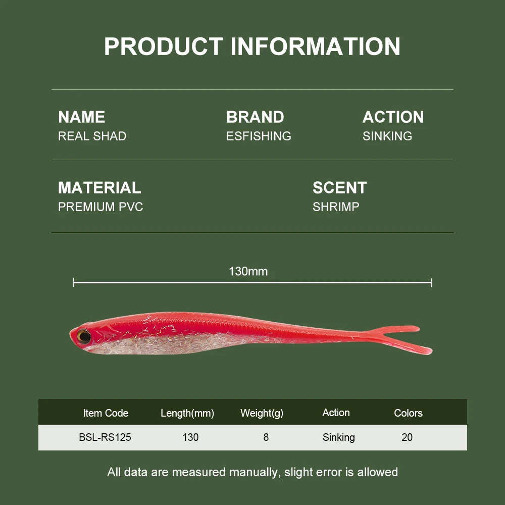 ESFISHING Real Shad 130mm Pesca Artificial silicona suave cebo tenedor cola Minnow Jigging Señuelos de Pesca Lucio - imagen 2