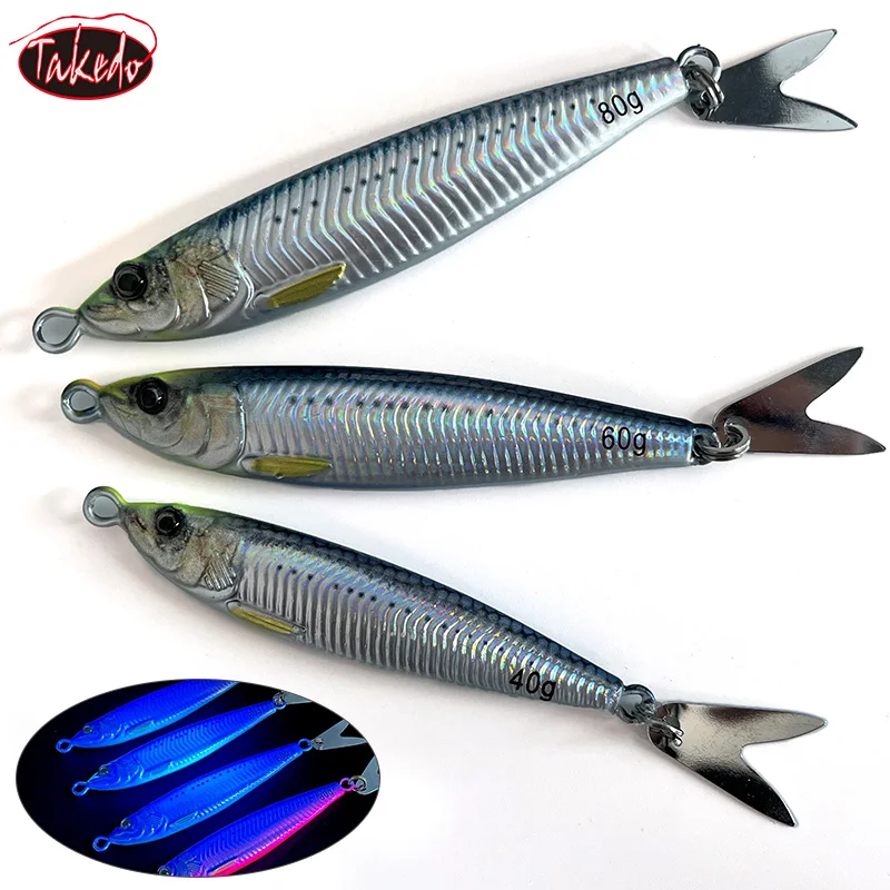 TAKEDO 40G 60G 80G señuelo de Jigging plantilla de Metal cebo Señuelos de Pesca de Mar recubrimiento UV Jerkbait artificial Jigbait luminoso para vientre - imagen 5