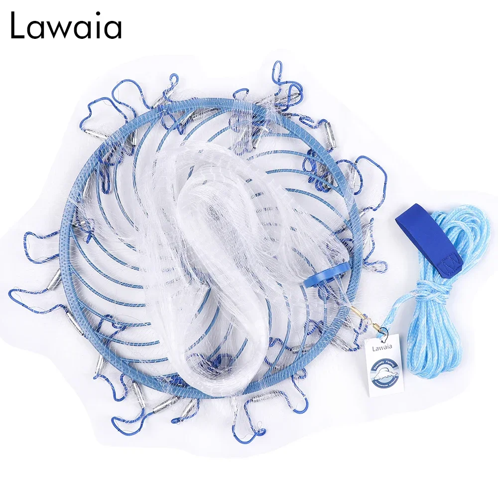 Red de pesca Lawaia, red de lanzamiento manual con plomos de hierro, monofilamento, red fundida de nailon, anillo azul, equipo de pesca - imagen 3