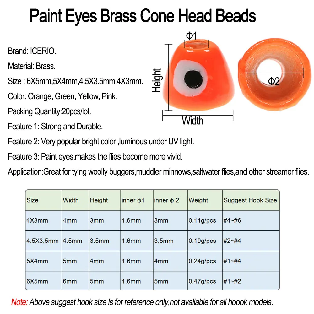 ICERIO cuentas de cabeza de cono de latón para atar moscas, pintura UV, Streamer Minnow, pesca en agua salada, 20 piezas - imagen 2