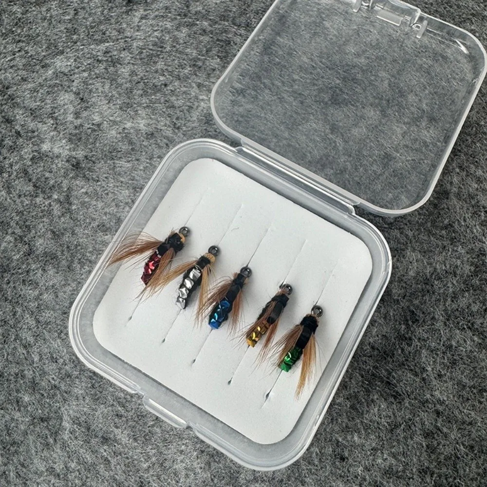 Cebo de pesca de insectos artificiales con cabeza de cuentas de latón, 5/10 Uds., con anzuelos de pesca, gusano de mosca Scud, señuelo de hundimiento rápido, Artificial Horizontal