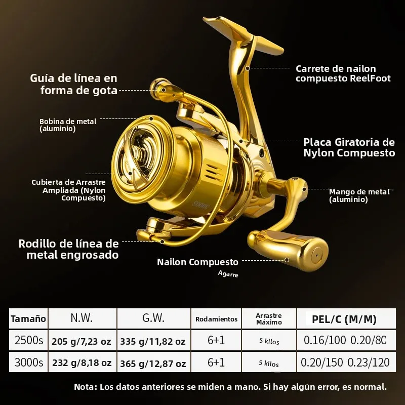 Huidiao carrete giratorio dorado 2500/3000 carrete de pesca con señuelo impermeable 6 + 1 mango de Metal con tornillo BB blindado para agua dulce y salada - imagen 2