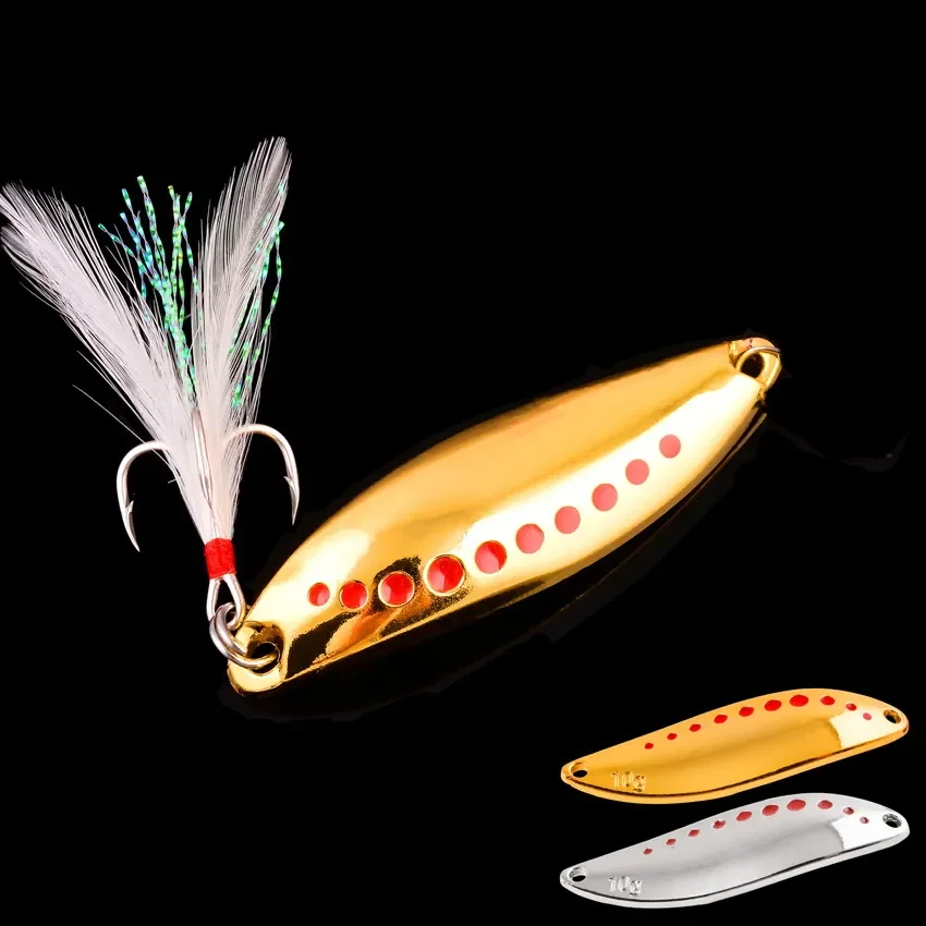 Señuelos de pesca con cuchara giratoria de Metal, cebo Artificial dorado y plateado con anzuelo triple de plumas, aparejos para trucha, Lucio, lubina, 2,5g-30g, 1 Uds. - imagen 5
