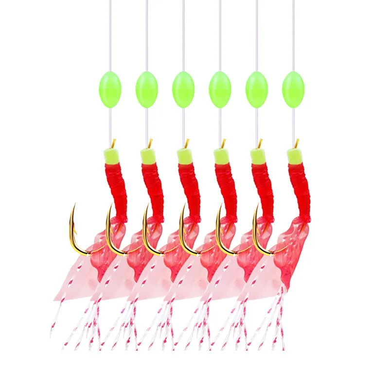 Anzuelos de pesca con plumas rojas, Señuelos de Pesca de lubina, Cod, aparejos de pesca de mar, Gancho de cuerda luminosa de calidad 6/8/10, 1 paquete - imagen 4