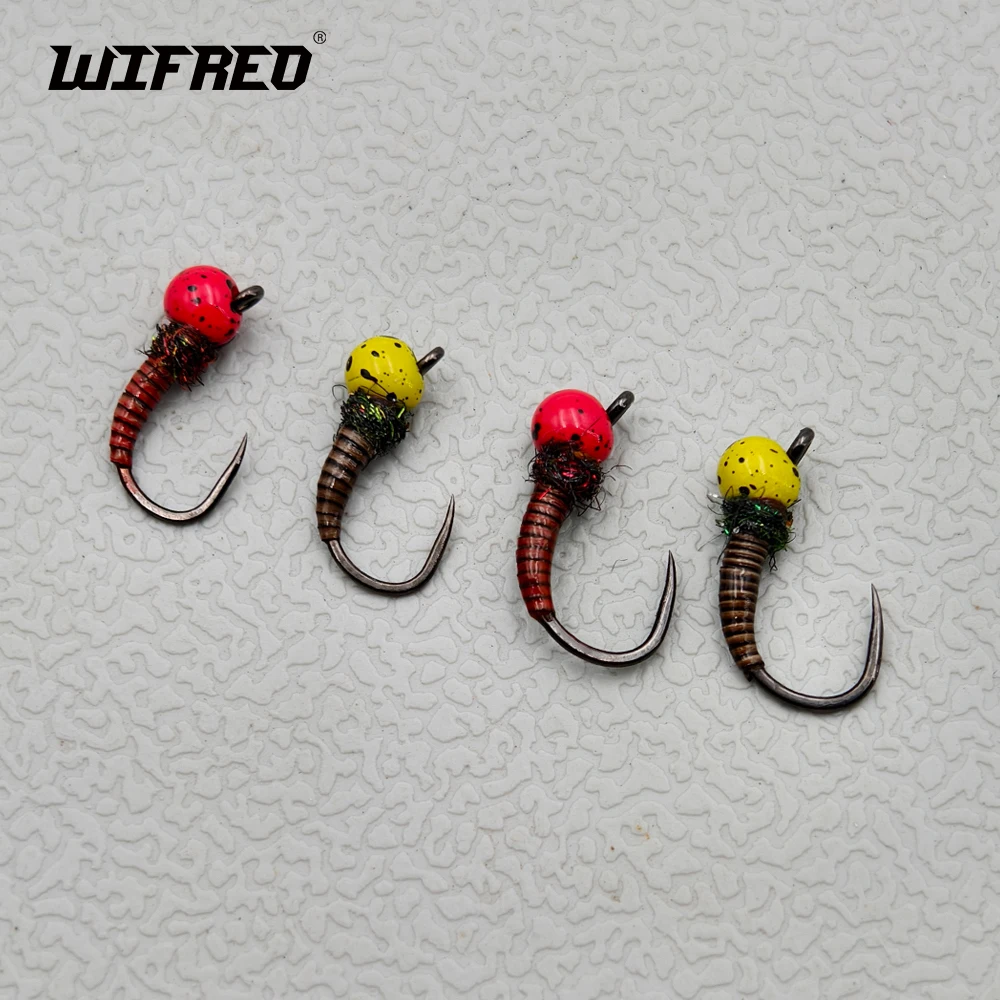 Wifreo 4 piezas # 12 # 14 Offset manchado ponderado Beadhead Jig sin púas Ninfa Perdigon Ninfa pesca con mosca moscas húmedas señuelo Oliva roja