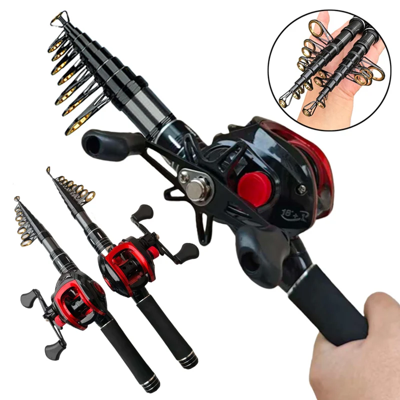 Combo de caña de pescar telescópica de fibra de carbono, relación de engranaje 7,2: 1, carrete de Baitcasting de alta velocidad y caña giratoria de mar/señuelo de 1,5-2,4 M