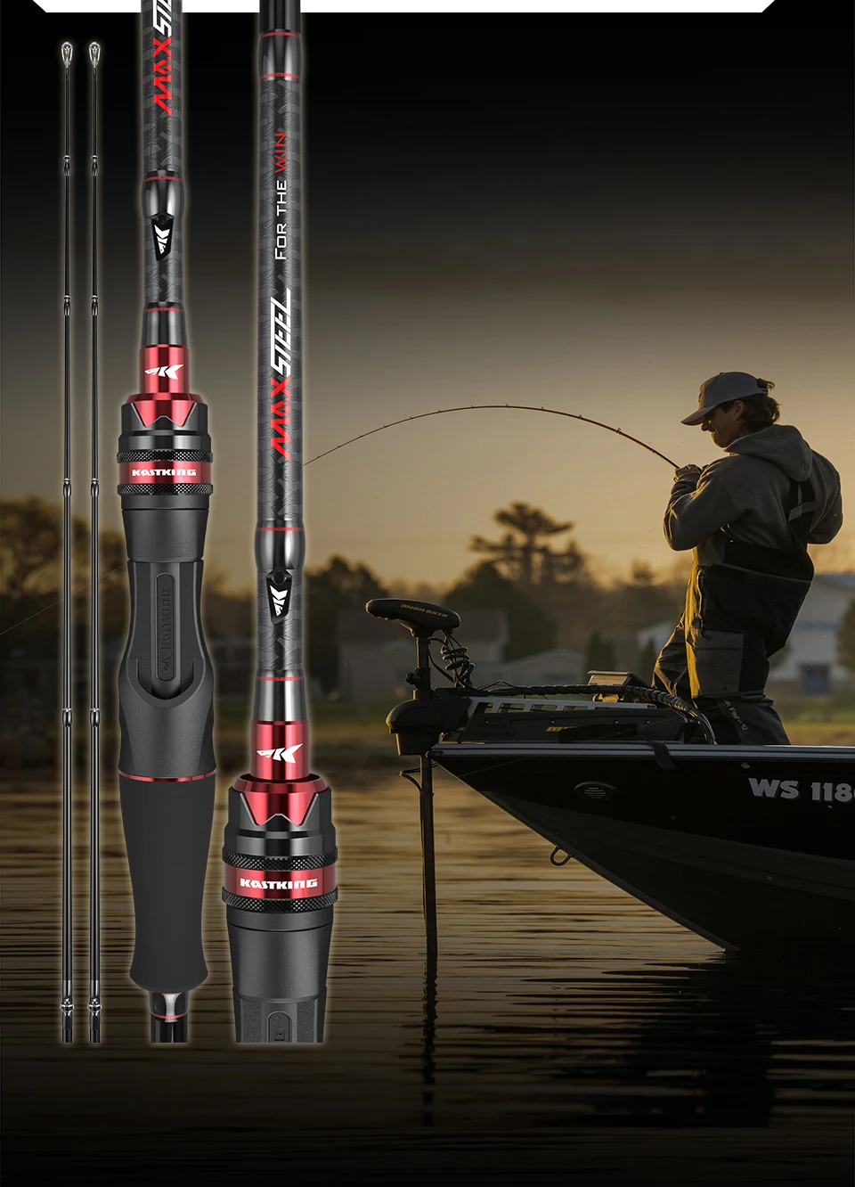 Caña mostrando su sistema de transición de potencia y diseño de colores rojo, plateado y gris