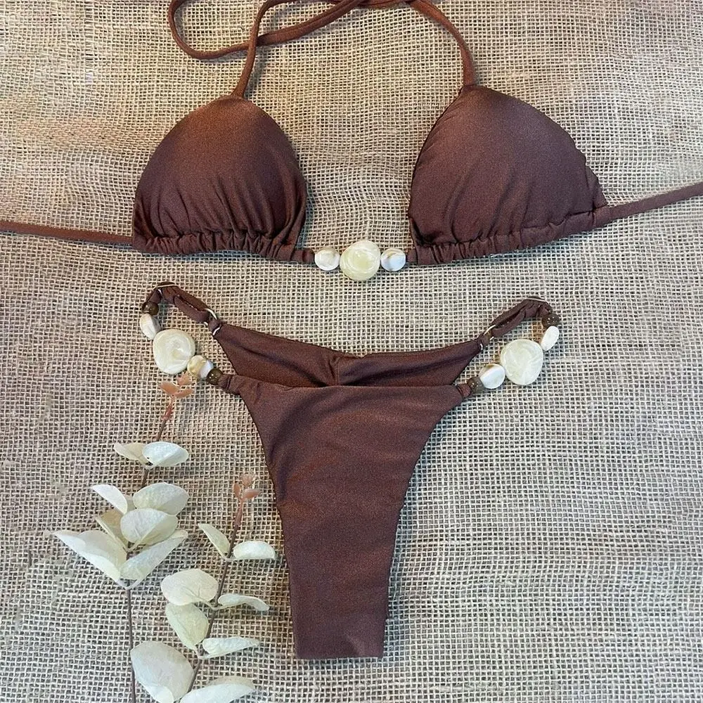 Bikini triángulo halter con cuentas para mujer playa verano - imagen 4