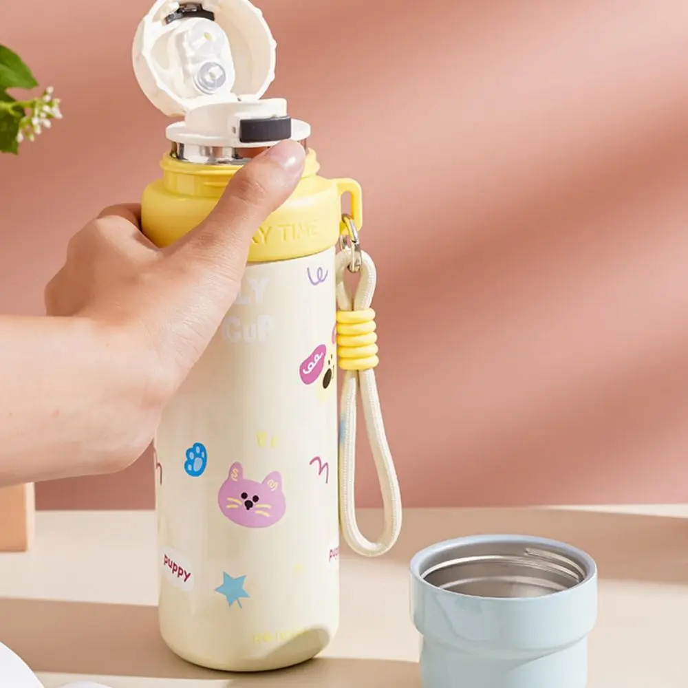 Botella de agua portátil de dibujos animados, taza de agua potable de gran capacidad de acero inoxidable 316, bonita taza Termo con cuerda de elevación, regalo - imagen 2