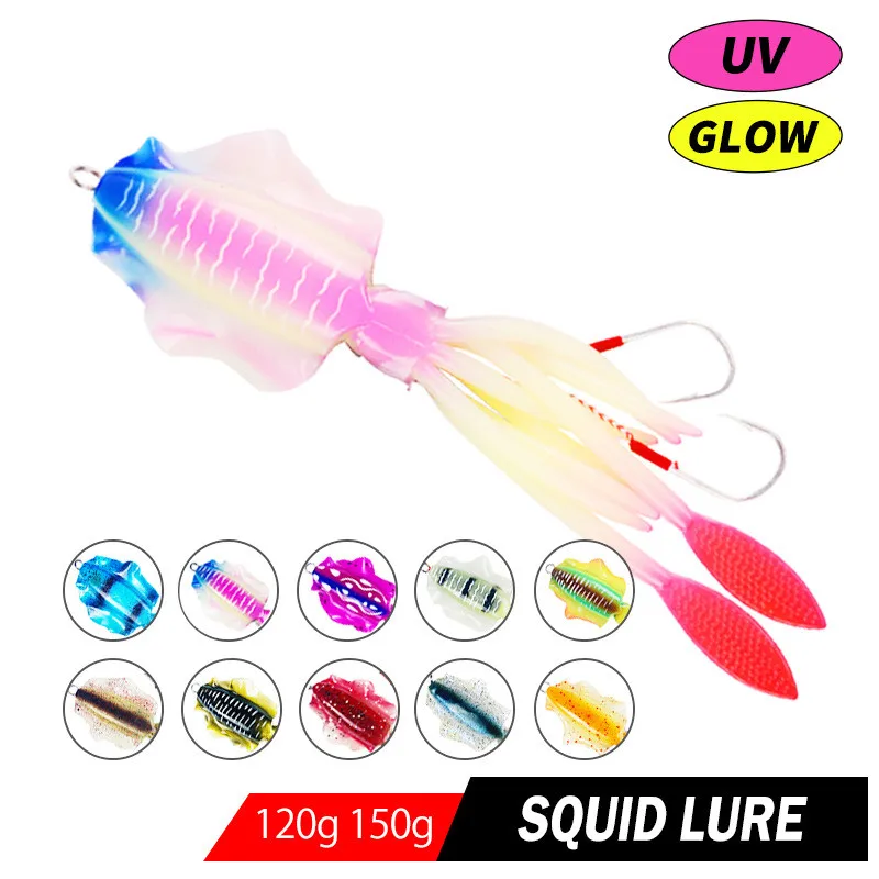 S031 1 Uds señuelo de pesca de silicona pulpo calamar luminoso mar Artificial biónico suave Wobbler cebo de natación 60g 120g 150g - imagen 2