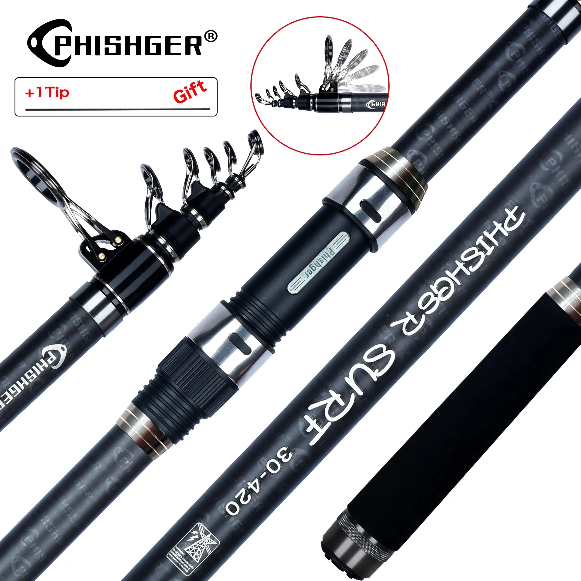 PHISHGER caña giratoria de Surf telescópica 3,6/4,2/4,5 m Power80-150g 30T carbono viaje Surfcasting Shore Casting Biutifu caña de pescar - imagen 4