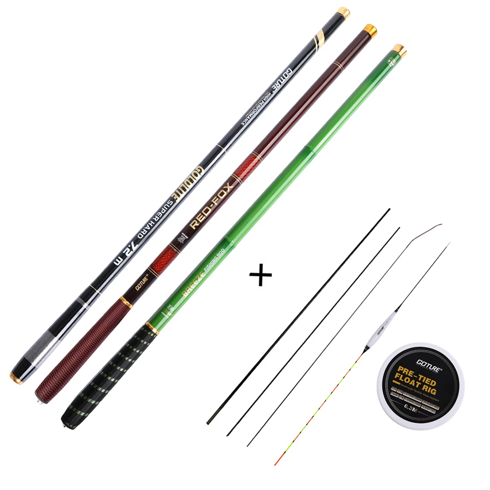 Juego de varillas de corriente telescópica GOTURE con puntas de repuesto, con juego de plataforma flotante 3,0 M/3,6 M/4,5 M/5,4 M/6,3 M/7,2 M varilla de mano de fibra de carbono para carpa