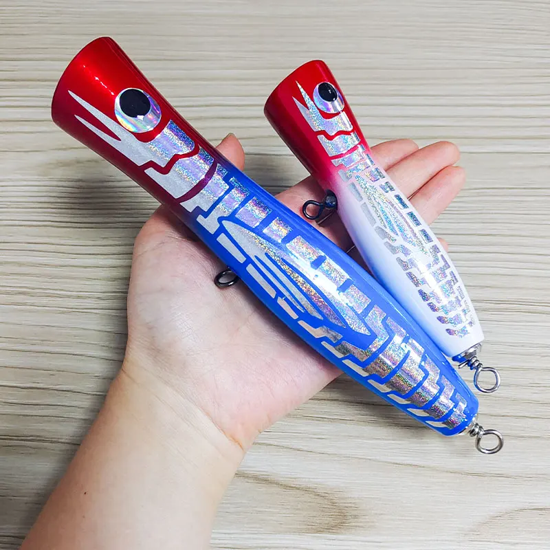 TEASER WD116 80g Topwater madera Popper señuelo carpa de agua salada SwimBait señuelo Trolling pesca de mar de madera Popper cebo con Triple gancho - imagen 3