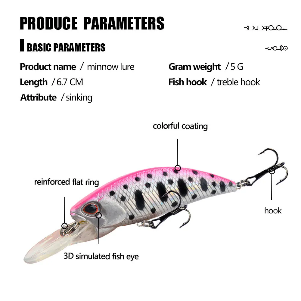 Minnow Wobblers de hundimiento Mini, Señuelos de Pesca de 6,7 cm 5g, cebo duro de plástico Artificial para trucha, aparejos de pesca de lubina - imagen 2