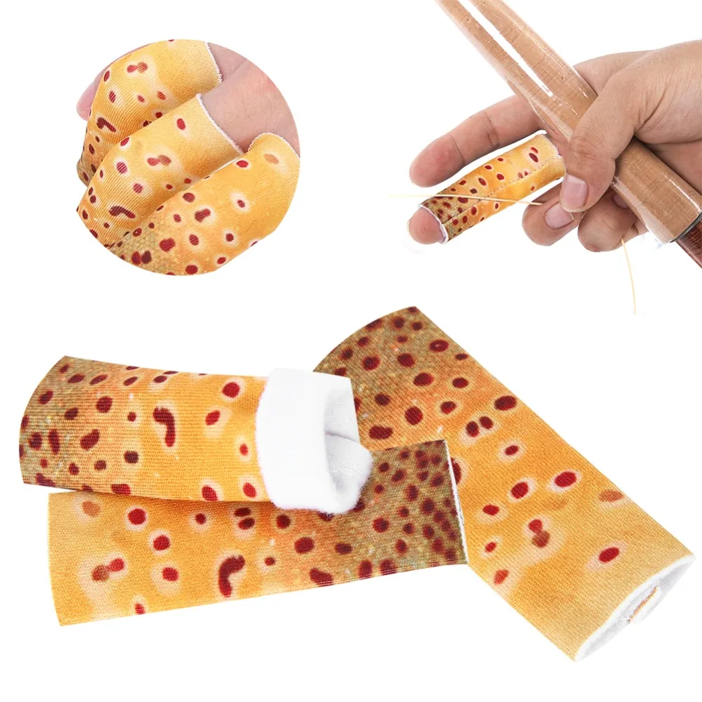 Protectores de dedos de pesca de poliéster, 3 uds., patrón de piel de pescado amarillo, Protector de dedos para pesca con mosca, Protector de pestaña para dedo de pesca - imagen 2