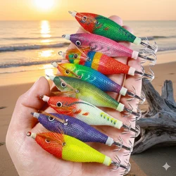 Juego de 10 Señuelos de Pesca de Calamar de 9.1 cm y 8.3 g, Señuelo Luminoso de Madera, Camarón Artificial, Cebo de Sepia, Anzuelo de Pesca para Pesca en el Mar