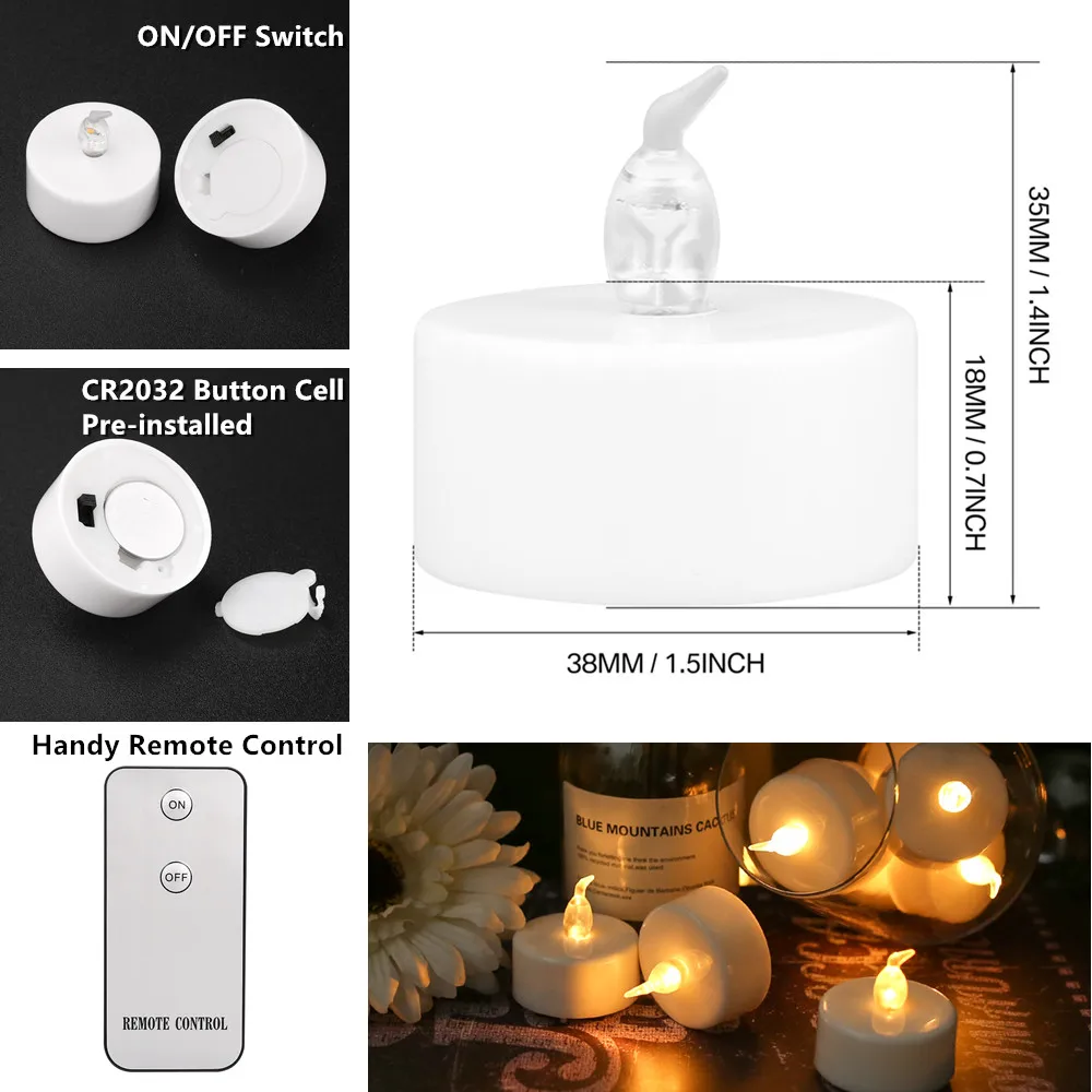 Vela LED sin llama con/sin control remoto, iluminación de llama parpadeante, luz de té para decoración del hogar, Navidad y Halloween, 12/24 unidades - imagen 4