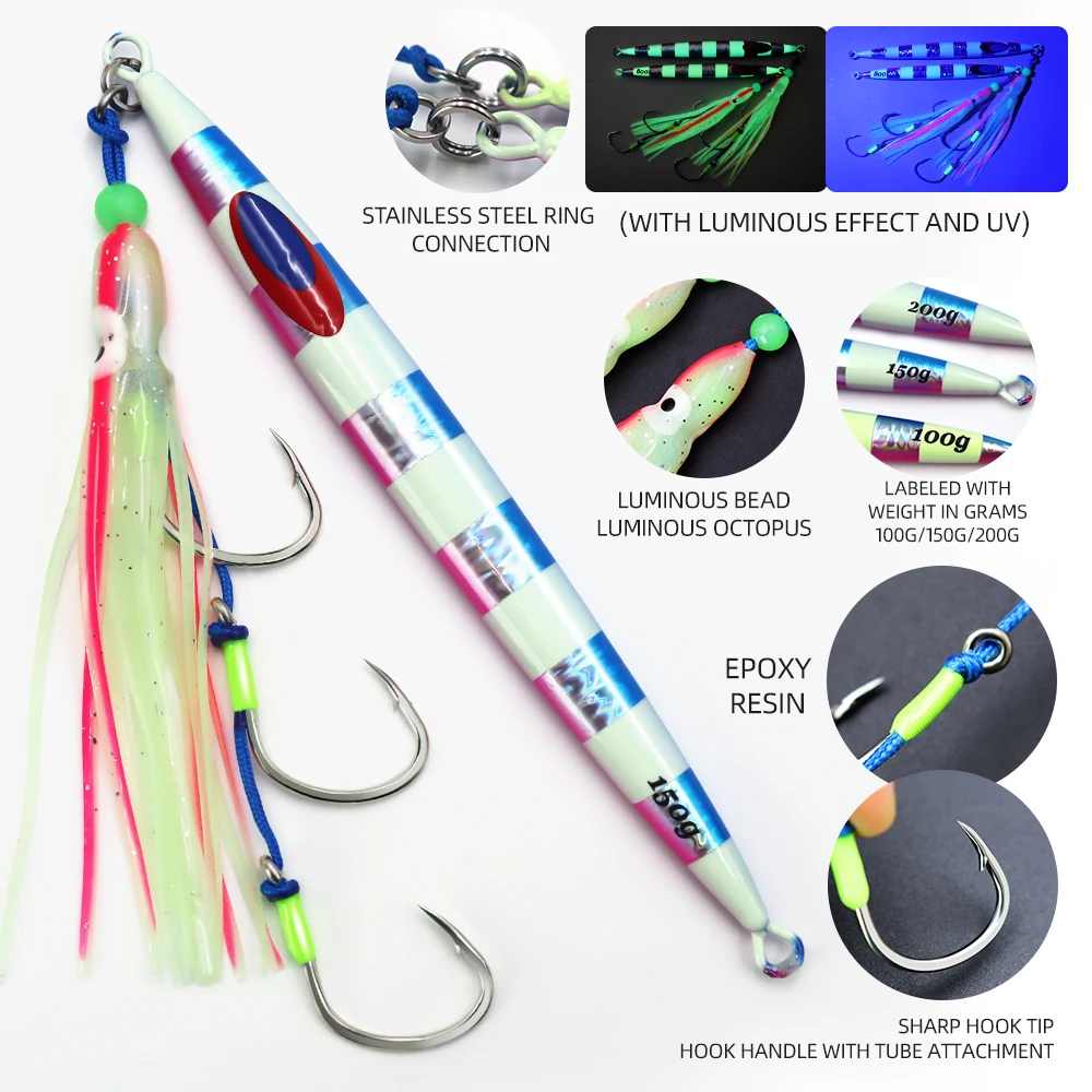 ZYZ-cebo tipo lápiz para pesca en el mar, JIG 100g, 150g, 200g con anzuelo luminoso de cuerda de calamar, señuelo de pesca de aguas profundas, aparejos Fakebait, 1 ud. - imagen 3