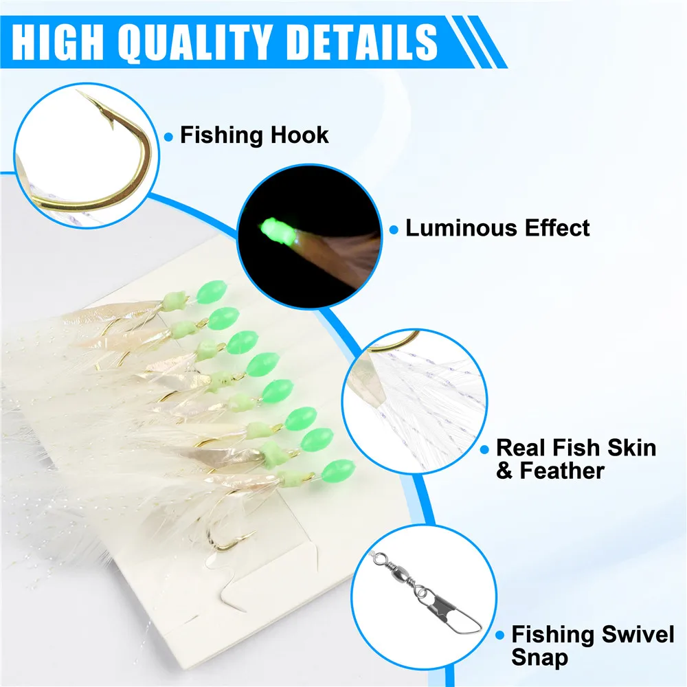 Aparejos luminosos con plumas para agua salada – Cuero de pez real - imagen 3