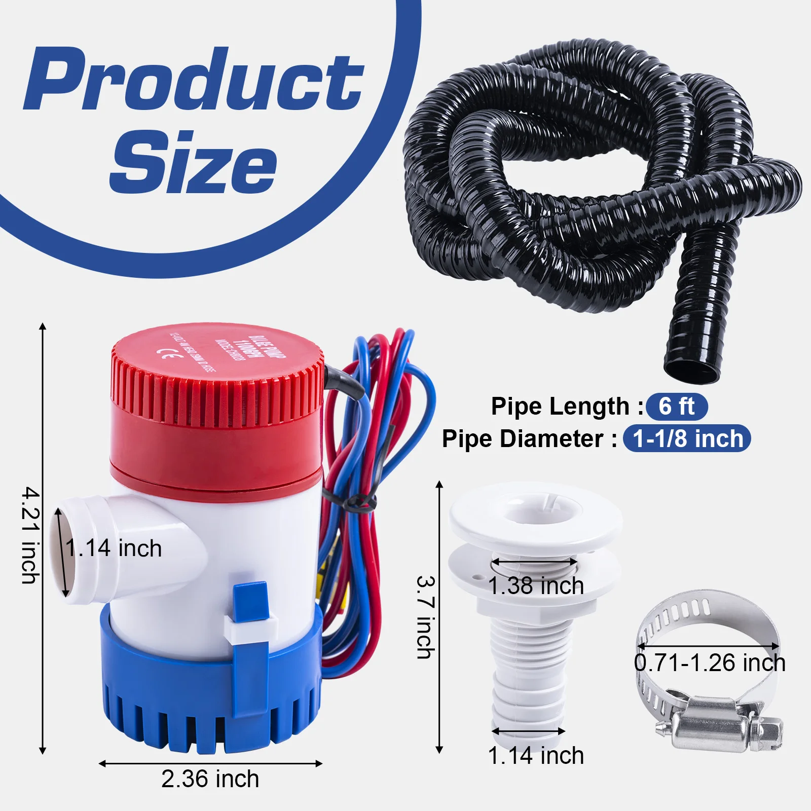 Bomba de sentina Goture 1100GPH, bomba de agua de sentina eléctrica de 12V para barco, Kit de plomería de bomba de sentina marina de poco ruido de 1-1/8 pulgadas con drenaje - imagen 2