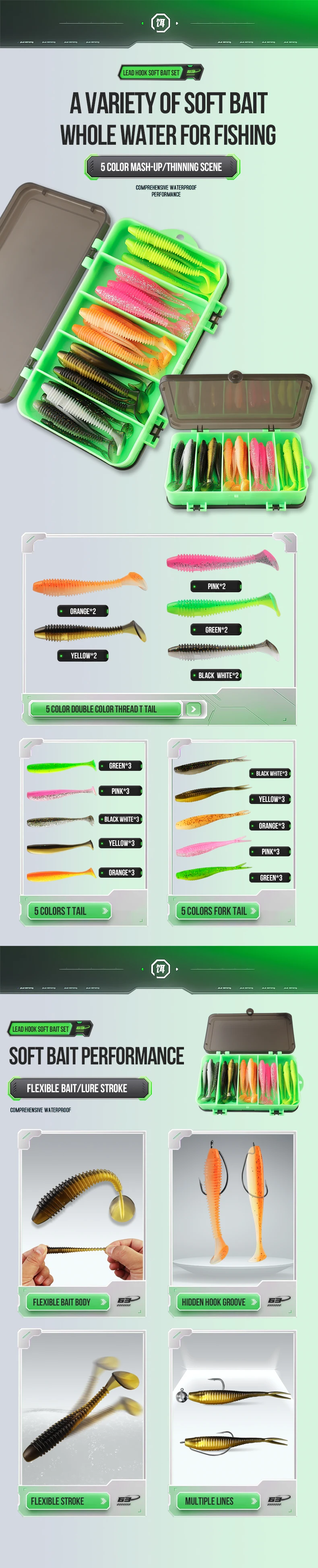 Una selección diversa de cebadas suaves diseñadas para necesidades de pesca versátiles