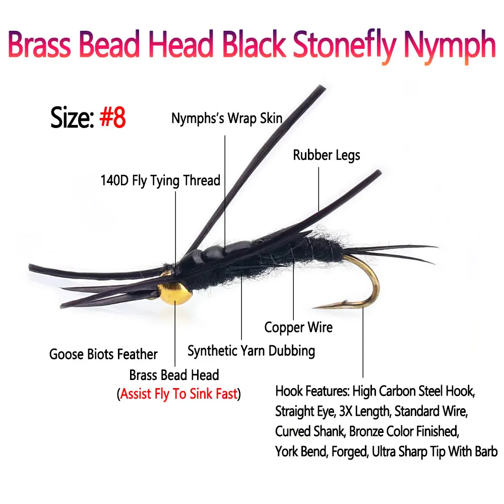 Bimoo # 8 5 unids/caja cabeza de cuentas de latón negro Stonefly Ninfa alambre de cobre hundimiento rápido Ninfa húmeda púas mosca trucha Señuelos de pesca cebos - imagen 3