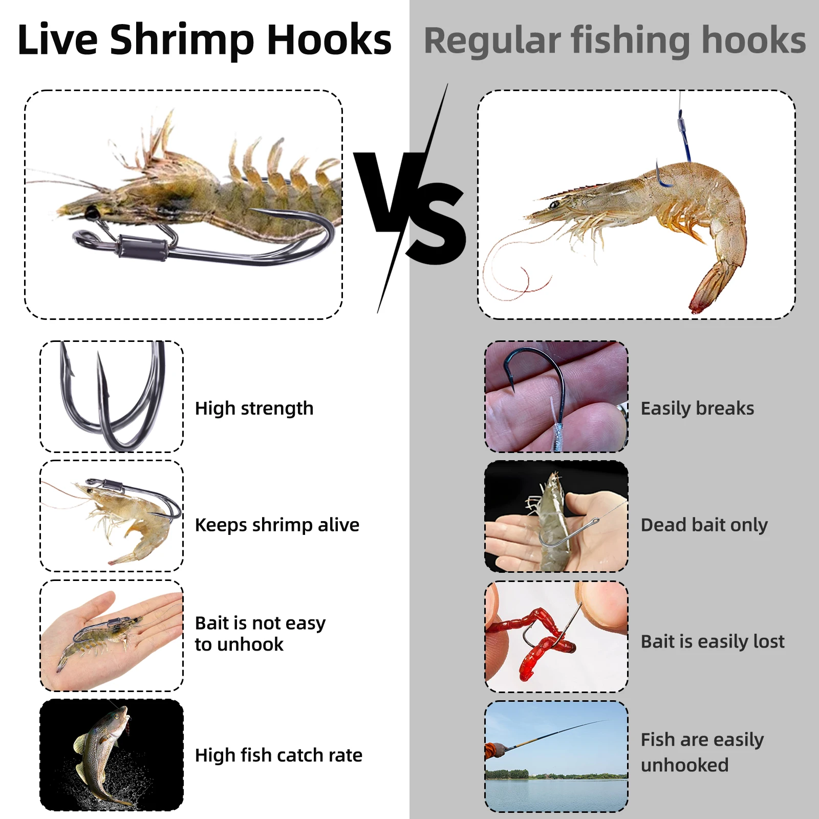 Ganchos para camarones vivos de 9KM, 10 ~ 15 Uds., gancho doble, soporte para camarones vivos, resistente a la corrosión para agua dulce y salada - imagen 5