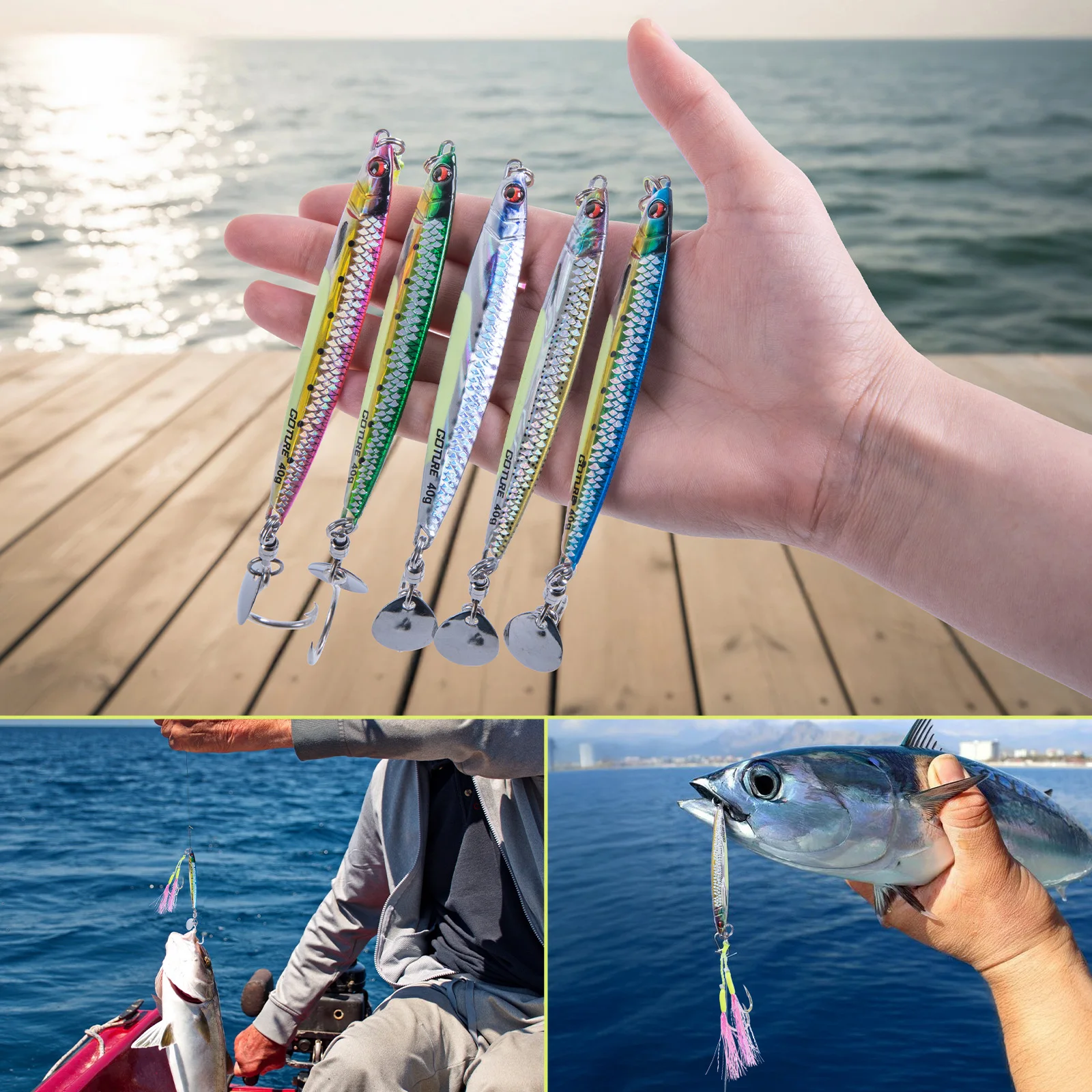 Goture 5 uds nuevo cebo de plantilla de Metal, 40/60g, cebo de plantilla 3D delgado biónico duradero luminoso, señuelo de lubina cebo Artificial equipo de pesca