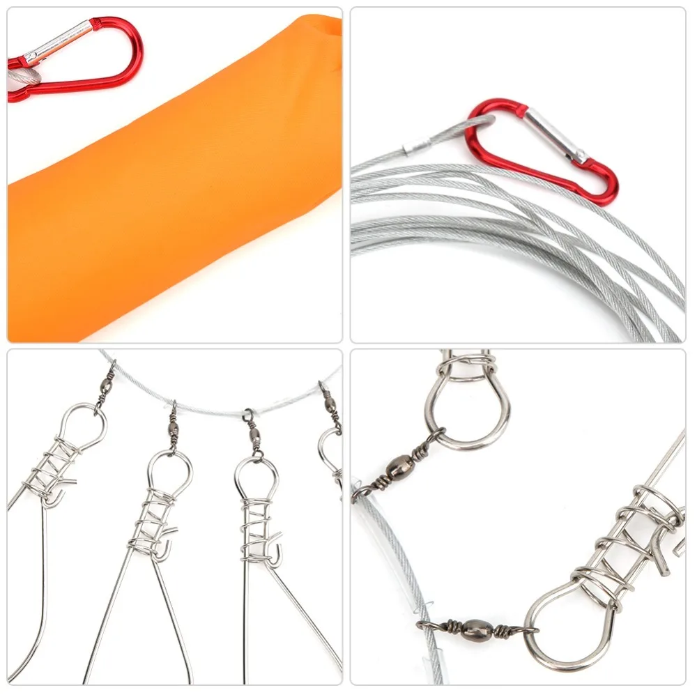 Cuerda de pescado portátil de acero inoxidable, 5m de longitud con 5 broches de hebilla, Cable de bloqueo de pesca, bloqueo de pez naranja, pesca en Kayak - imagen 5