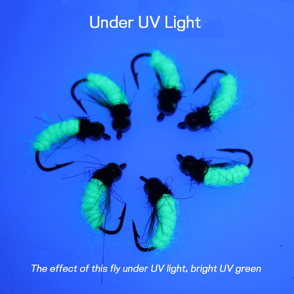 Señuelo de pesca con cuentas de latón, 8 uds, moscas húmedas UV fluorescentes, ninfa, Scud, gusano, Mosca, trucha, gris, hundimiento rápido - imagen 4