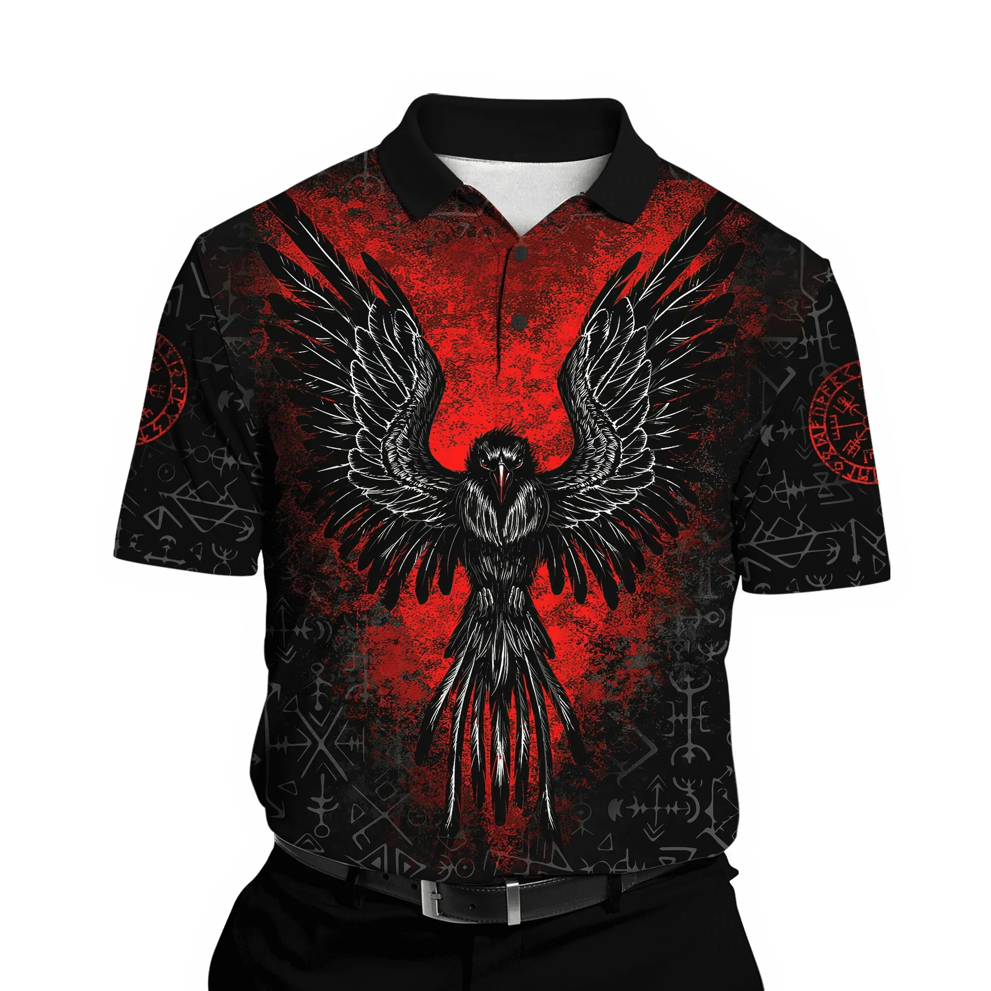 PLstar Cosmos Raven Of Mjolnir Odin Tattoo Symbol 3D completamente estampado Polos para hombre Camisa informal de manga corta con solapa PLP05 - imagen 5