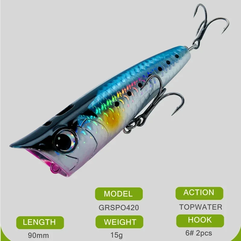 GREENSPIDER 1 Uds. Señuelos de pesca Popper de superficie 90mm 15g cebo Artificial Topwater Señuelos de pesca para aparejos de lubina - imagen 2