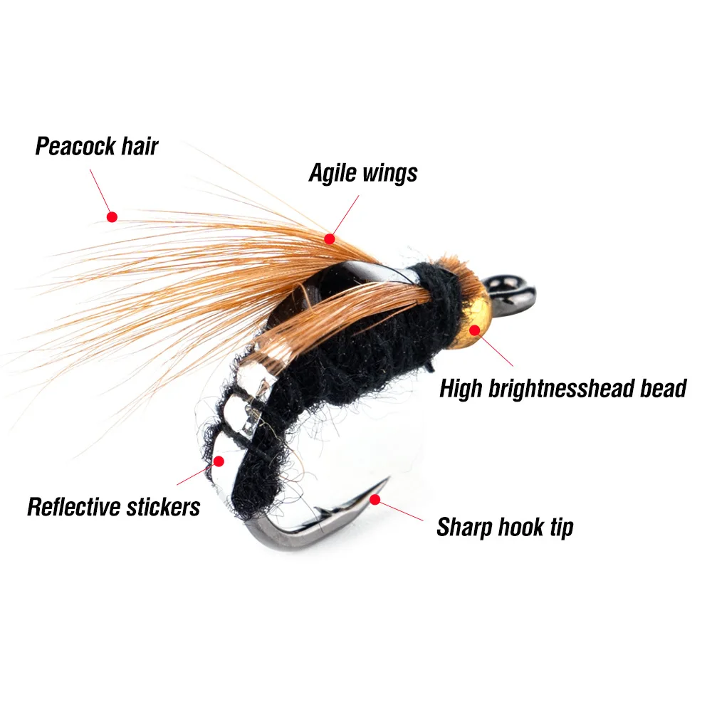 10 Uds. Cebo Artificial para insectos, señuelo biónico para moscas, anzuelo, Kit de moscas para pesca con mosca, serpentinas de ninfa húmeda y seca, señuelo para pesca de trucha y lubina - imagen 2