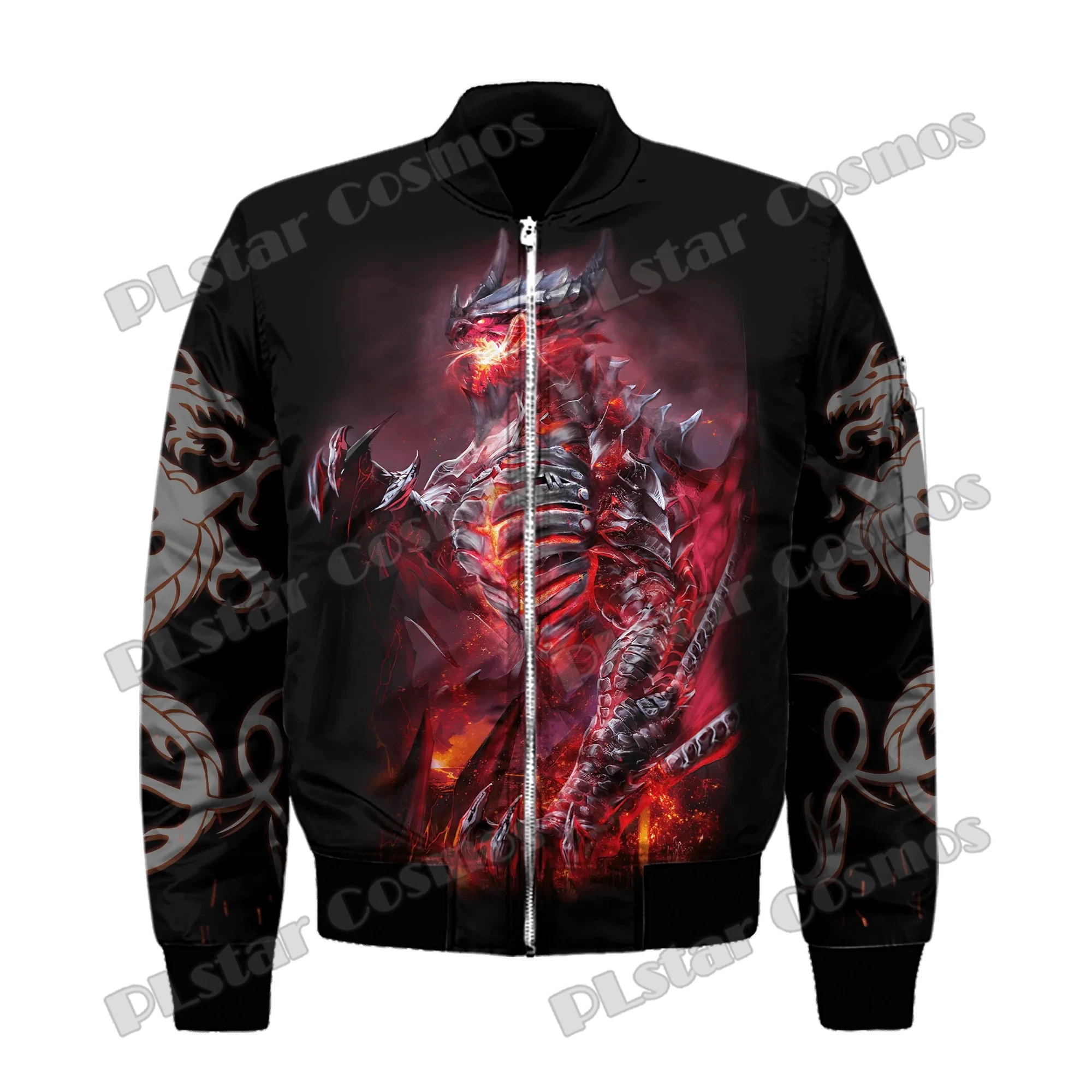 Chaqueta Bomber de invierno para hombre, dragón y Fénix, tatuaje de fuego de hielo, estampado 3D, abrigo grueso con cremallera y bolsillo, chaqueta informal cálida con cremallera, FX-10