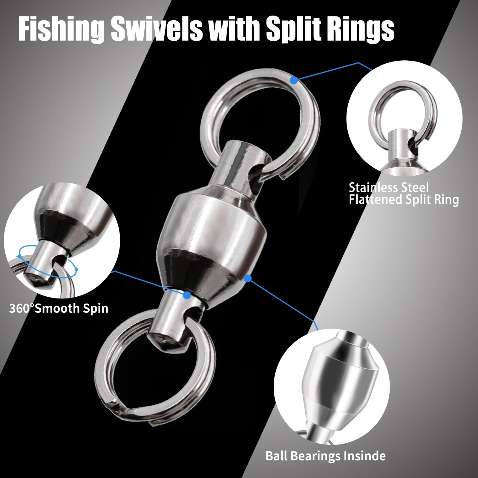 Giratorios de pesca con anillos divididos, 25 ~ 100 Uds., Clips de velocidad giratorios con rodamiento de bolas, conector de señuelo de pesca inoxidable a presión, agua salada 0 ~ 10 # - imagen 3
