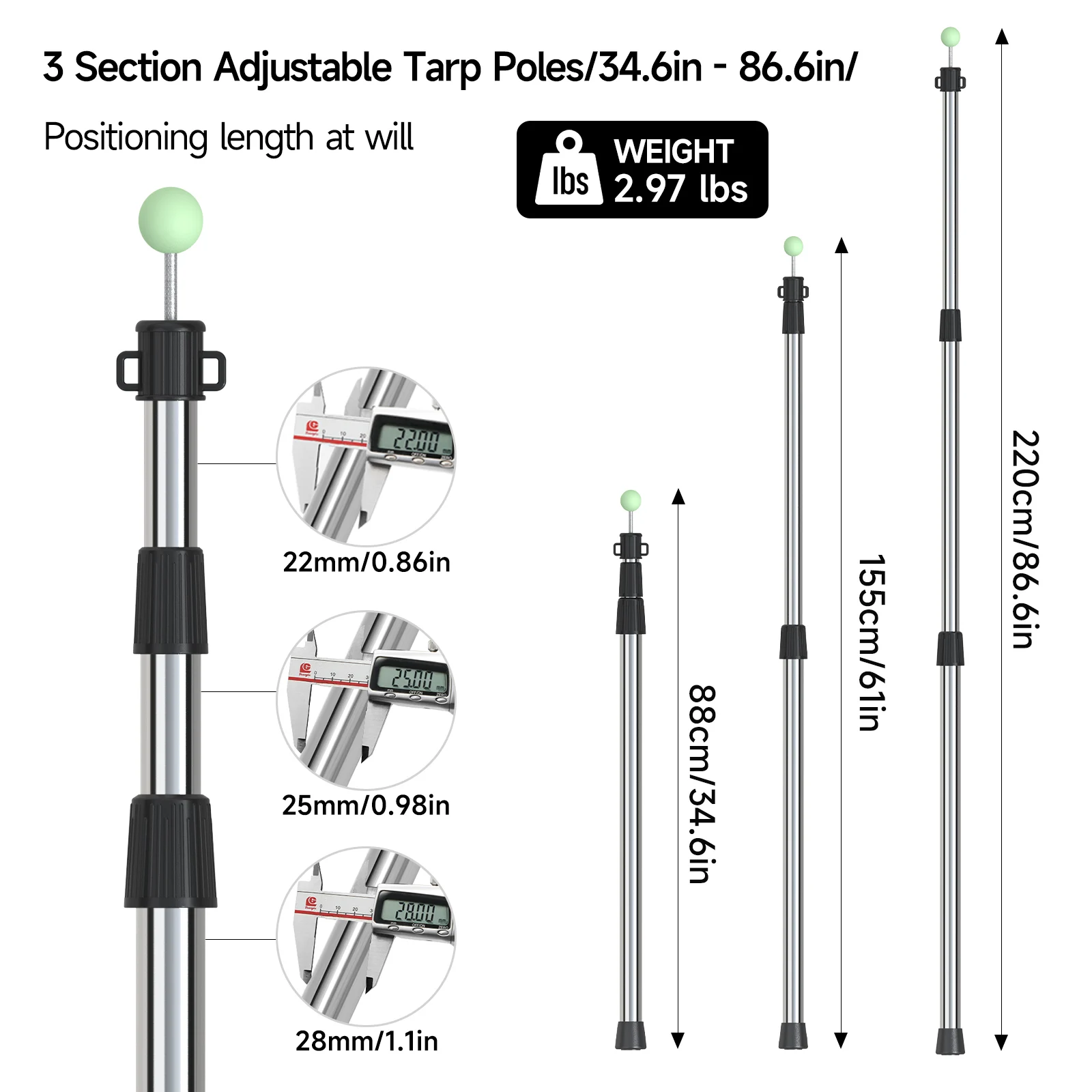 SANLIKE 2,2 m 2 uds postes de lona ajustables de acero inoxidable ligero duradero anticorrosión para tienda de campaña con lona Camping al aire libre - imagen 2