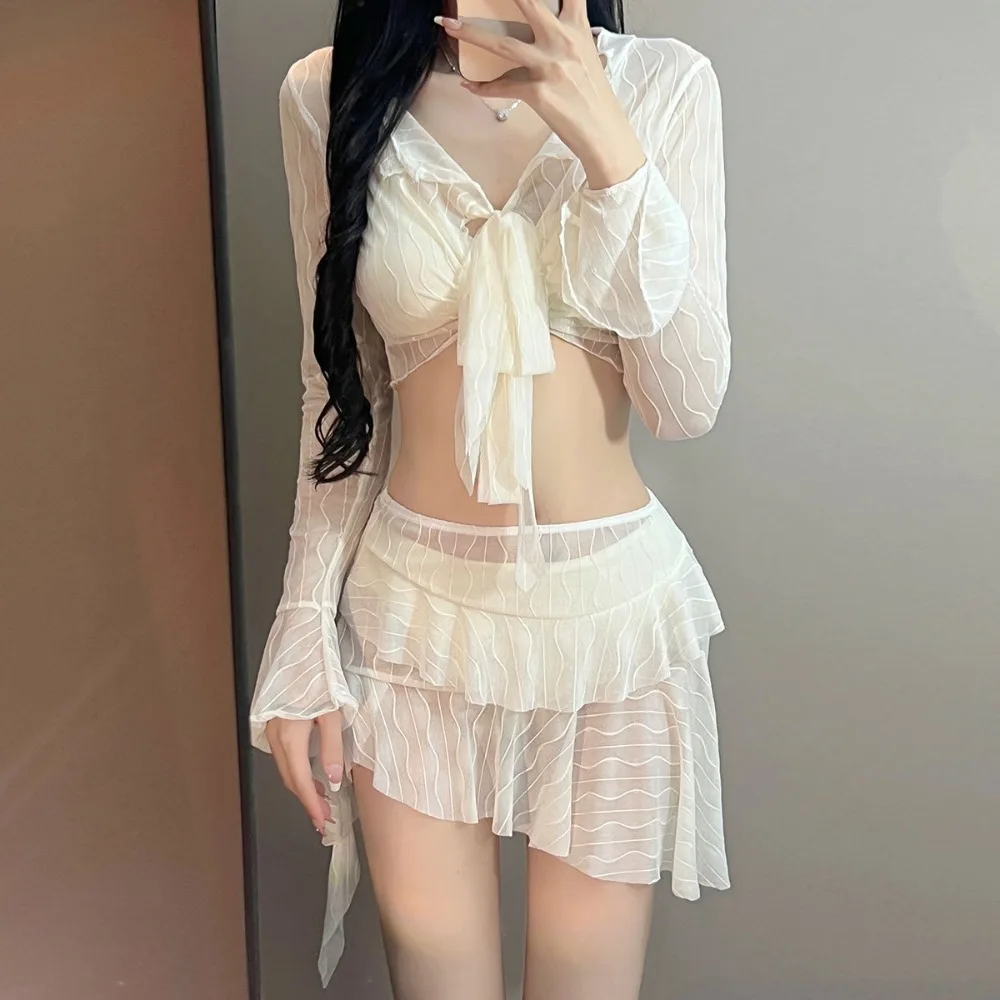 Microbikini de malla de 4 piezas, traje de baño de rayas onduladas con cordones y nudo de borla, cintura alta, Irregular, Push-Up - imagen 2