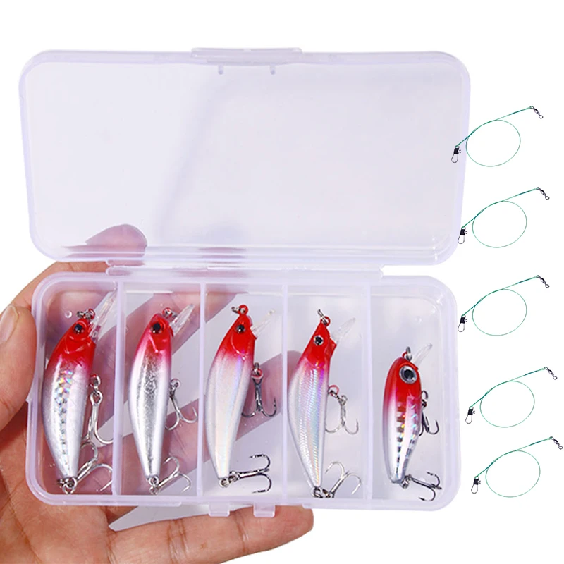 Kit de caja de 5 uds., juego de Señuelos de Pesca mixtos, cebo duro minnow, pesca Artificial, lubina, trucha, Lucio, carpa, Wobbler, aparejos de pesca Jerkbait - imagen 4