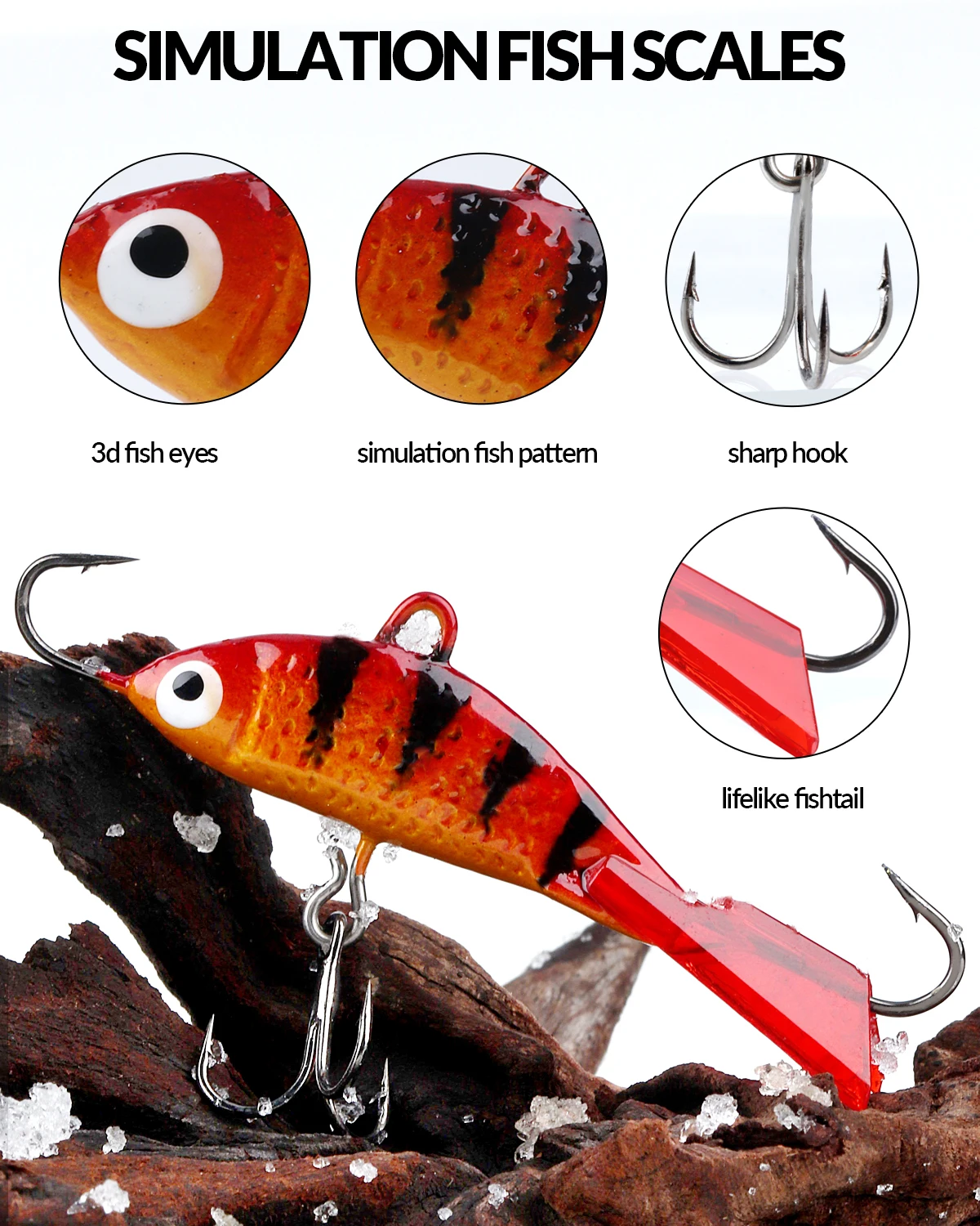 Señuelos duros de pesca en hielo, Kit de anzuelos de 14 piezas, ojos 3d simulados, cabezas de Jigs brillantes de invierno, juego de cebos, aparejos de pesca en hielo - imagen 3