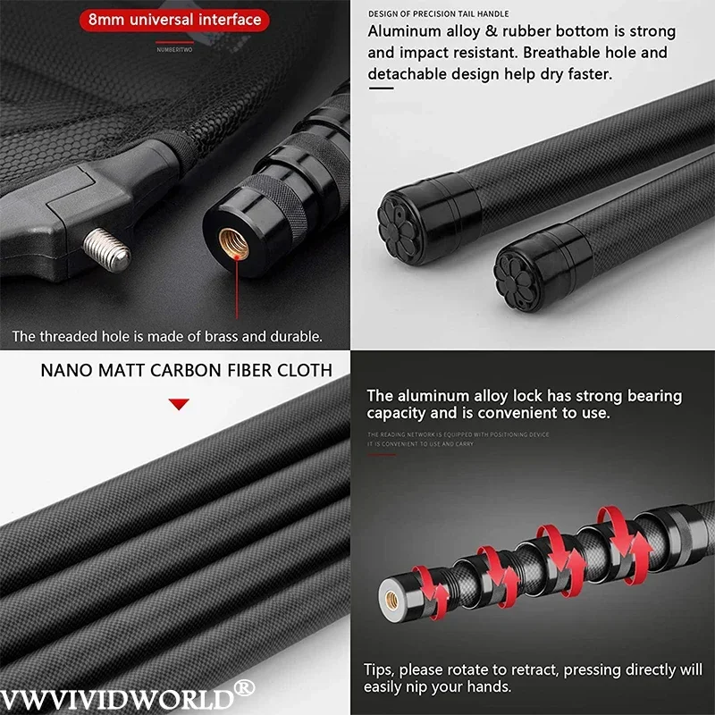 Red de pesca de carbono portátil de 4,85-6,2 m, red de mano para tierra de pesca, aparejos de pesca con mango de poste telescópico plegable - imagen 4