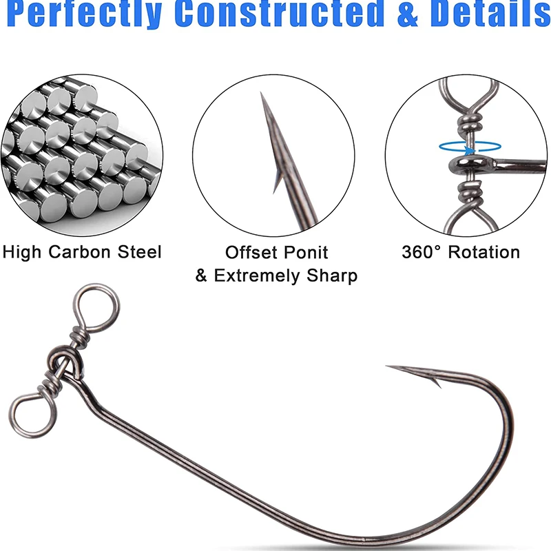 Ganchos de tiro caído con ganchos giratorios en línea para pesca de perca de lubina, anzuelos de gusano compensados, anzuelo de cebo suave afilado de acero rico en carbono, 10 Uds. - imagen 3