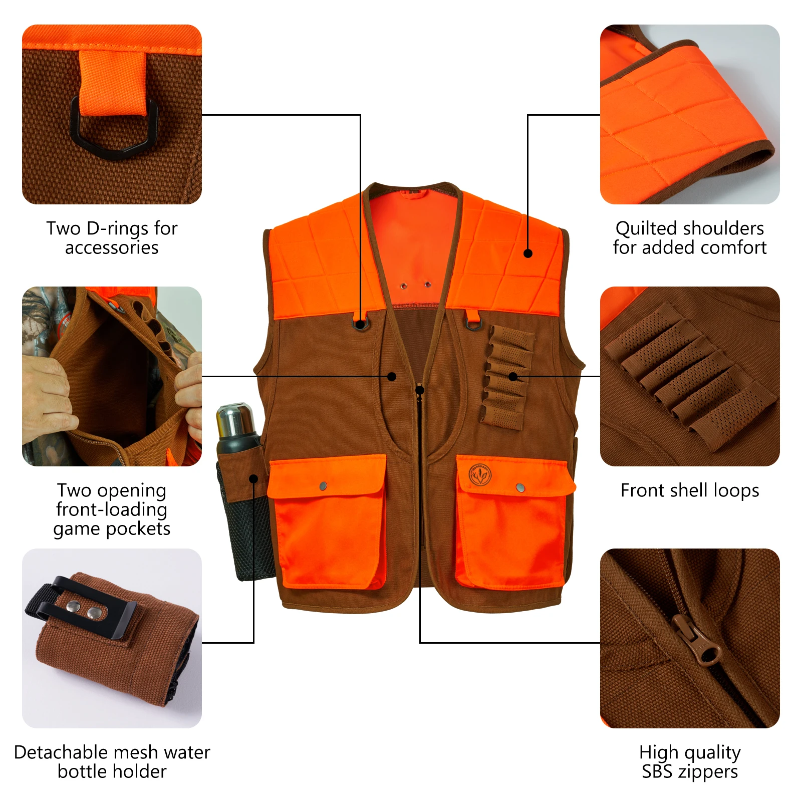 Bassdash Unisex Upland Game Field Chaleco de caza de aves resistente al agua con múltiples bolsillos Marrón/Naranja Hombres Mujeres FV11 - imagen 5