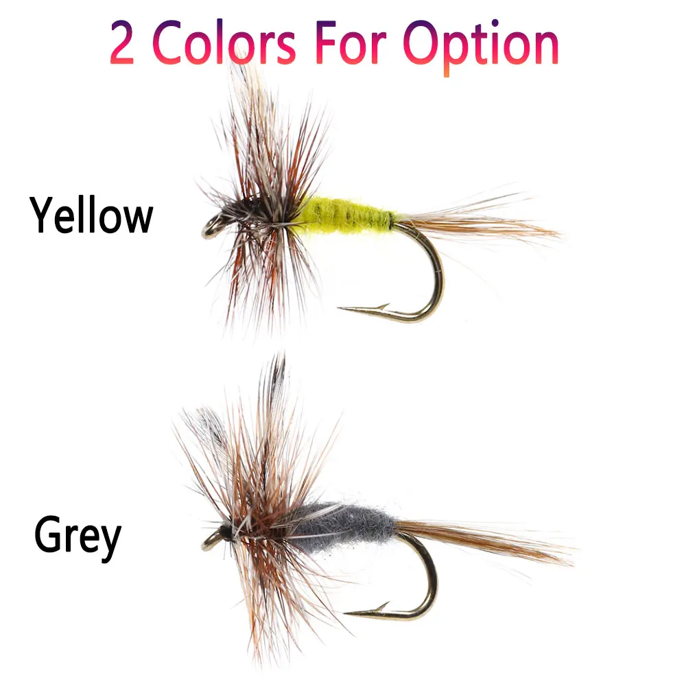 Bimoo 6PCS # 10~ # 16 Grizzly Brown Hackle Adams mosca seca anzuelo con púas puede mosca Midge mosca trucha Señuelos de pesca cebos gris amarillo - imagen 5