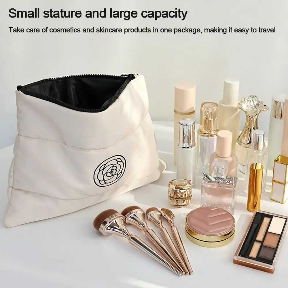 Bolsa de maquillaje portátil Floral de algodón a la moda, bolsa de almacenamiento de cosméticos acolchada de gran capacidad, bolsa de aseo de viaje de Color sólido - imagen 5