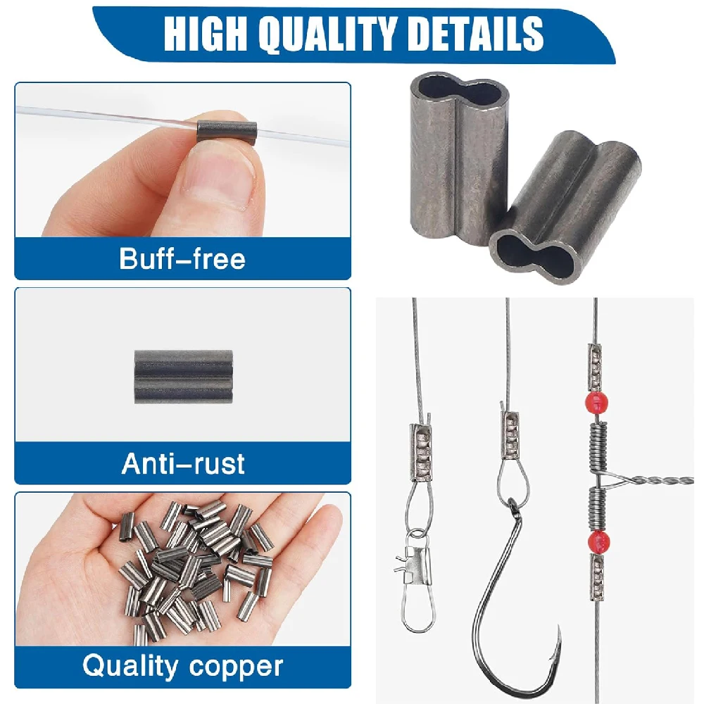 Mangas de engarzado de cobre de doble barril, manga de bucle de engarzado de cuerda de alambre de latón para conector de tubo de sedal de pesca, aparejo líder, 120 Uds. - imagen 4