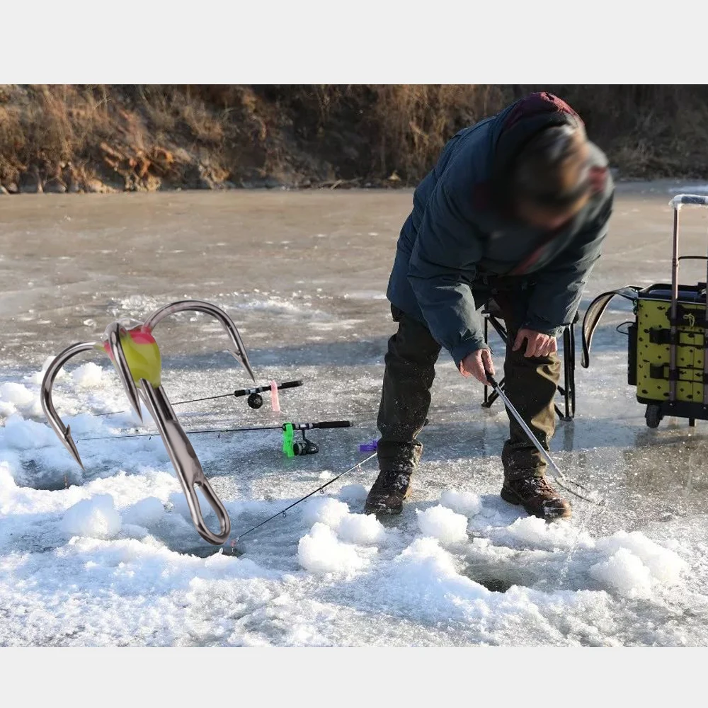 FISH KING-anzuelos de pesca en hielo de acero de alto carbono, 5 unids/lote por paquete, anzuelos triples de púas volteadas con ojo de diamante, aparejos de pesca - imagen 4